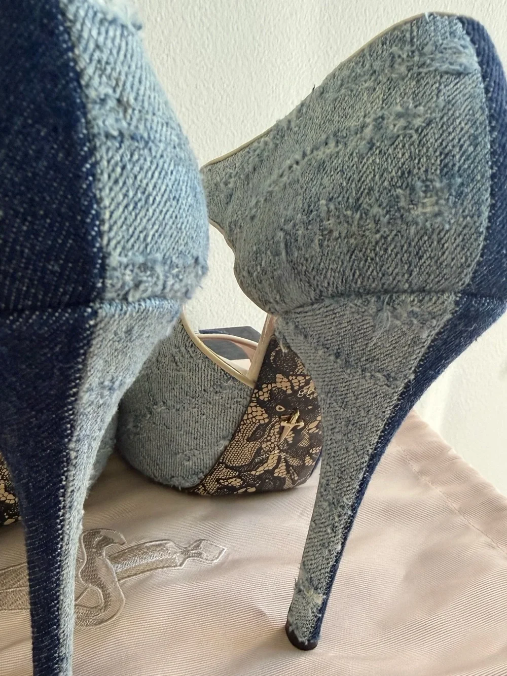 Cesare Paciotti Denim & Lace Platform Heels Size 38
